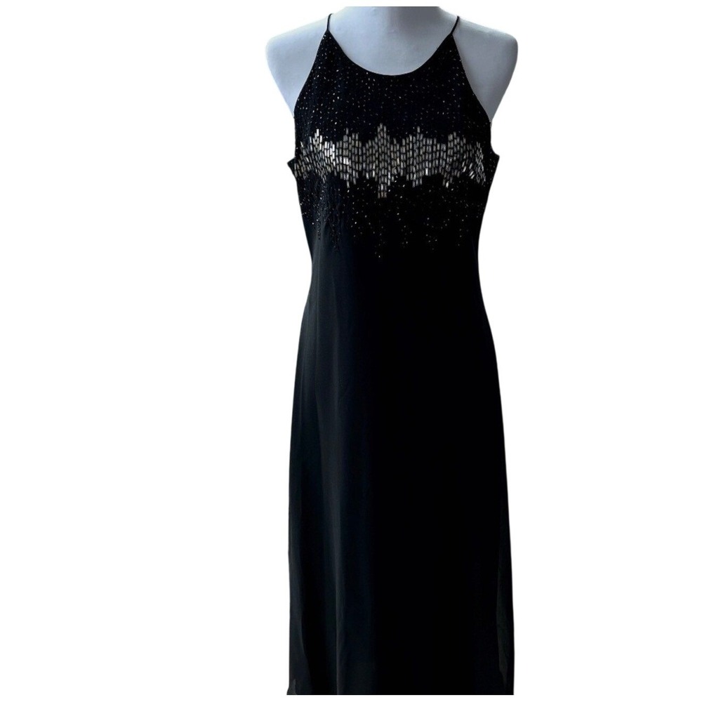 Cachet‎ Black Beaded Maxi Dress Silver Geometric Sequin Halter Gown Size 8